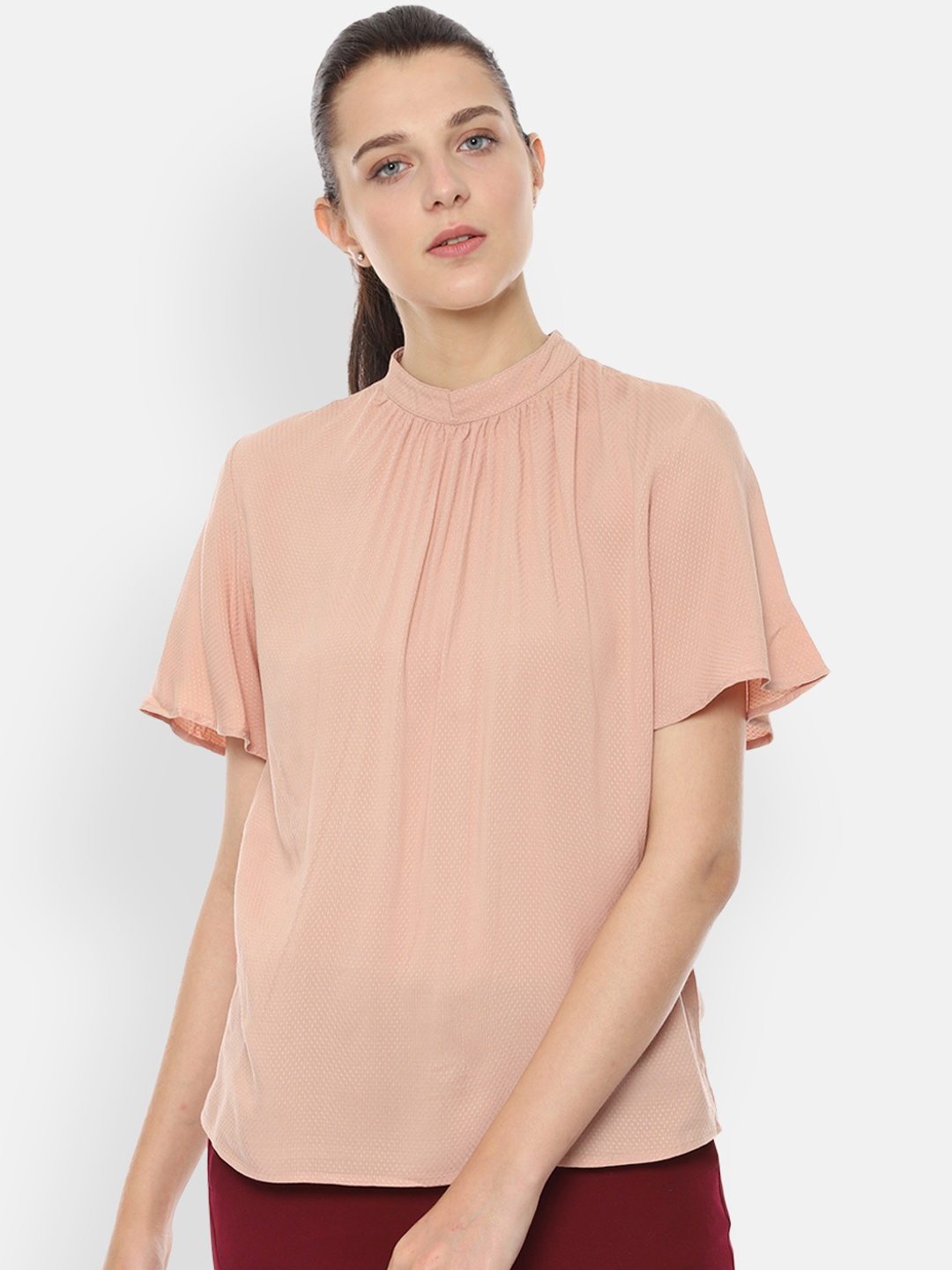 

Van Heusen Woman Women Peach-Coloured Self Design Shirt Style Top
