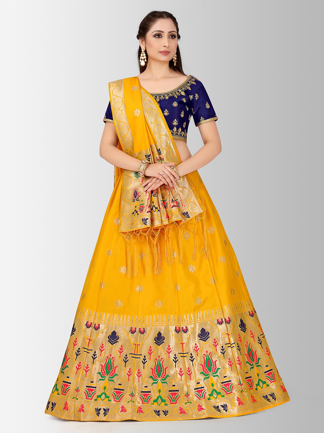 

MIMOSA Yellow & Navy Blue Embroidered Semi-Stitched Lehenga & Blouse with Dupatta