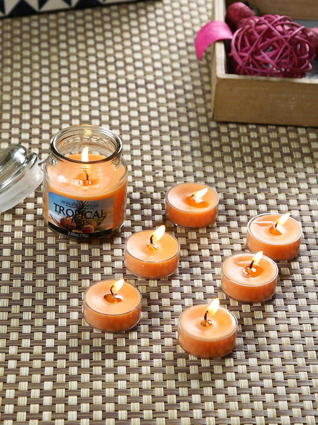 

HOSLEY Set of 7 Orange Tropical Mist Scented Jar Candle With Tealights