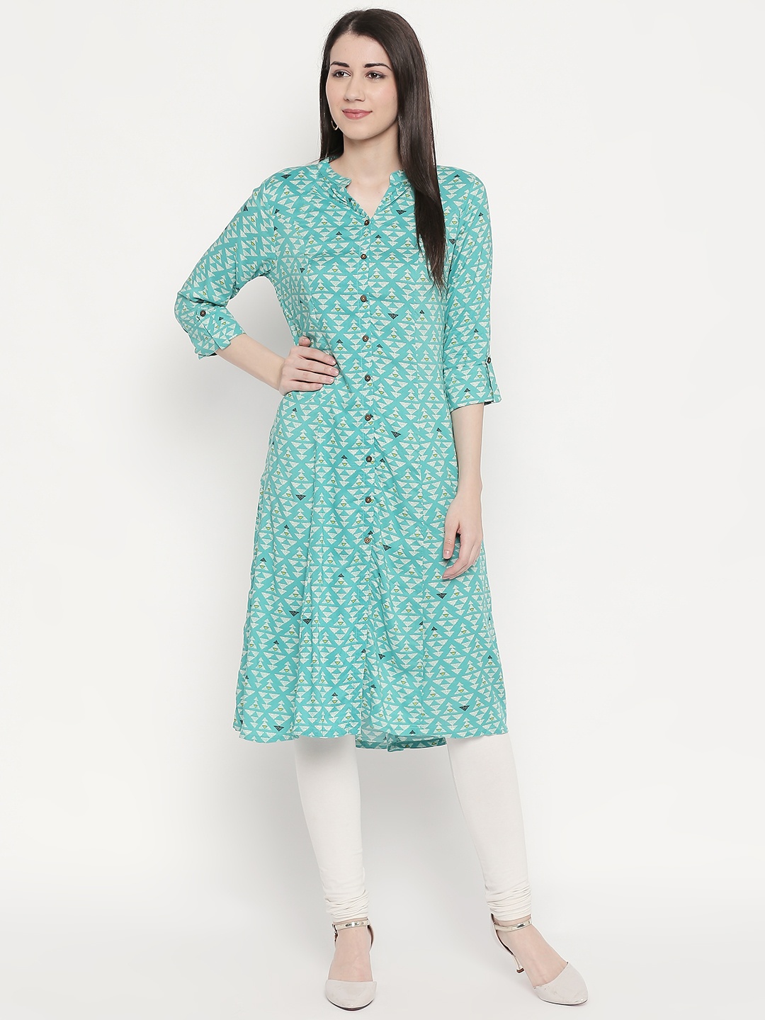 

RANGMANCH BY PANTALOONS Women Turquoise Blue Printed A-Line Kurta