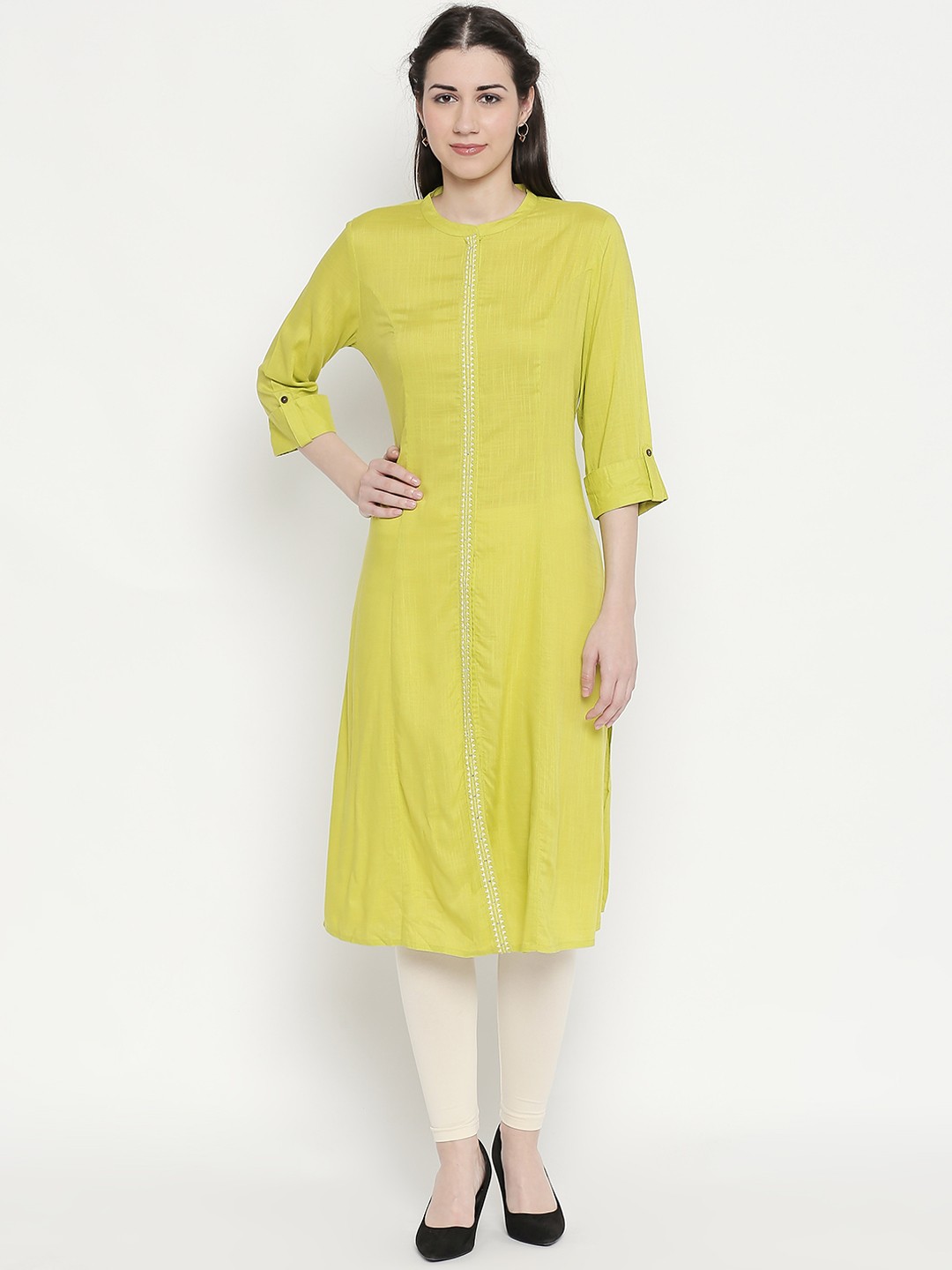 

RANGMANCH BY PANTALOONS Women Lime Green Yoke Design A-Line Kurta
