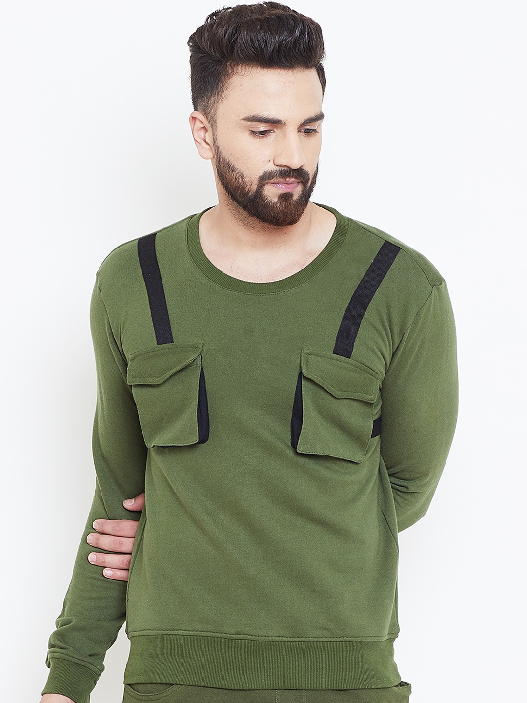 FUGAZEE Men Olive Green Solid Sweatshirt