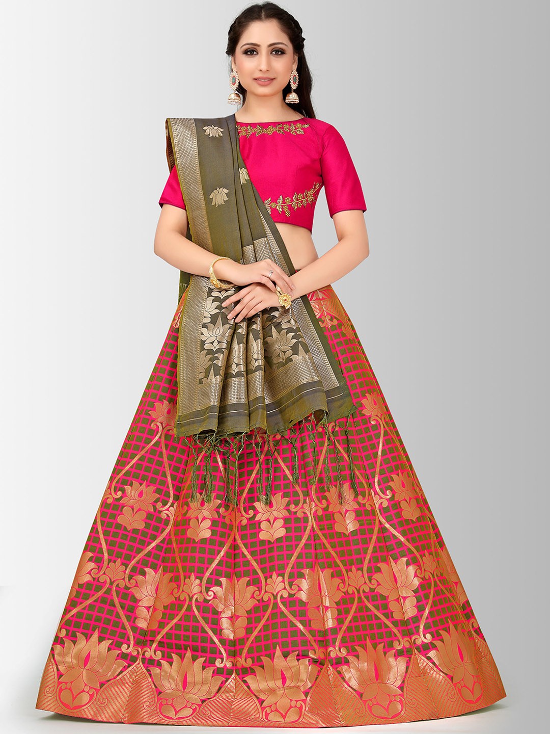 

MIMOSA Pink & Green Embroidered Semi-Stitched Bridal Lehenga & Blouse with Dupatta