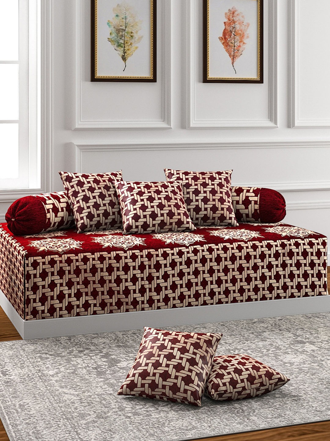 

ROMEE Set of 8 Maroon & Beige Self Design Diwan Set