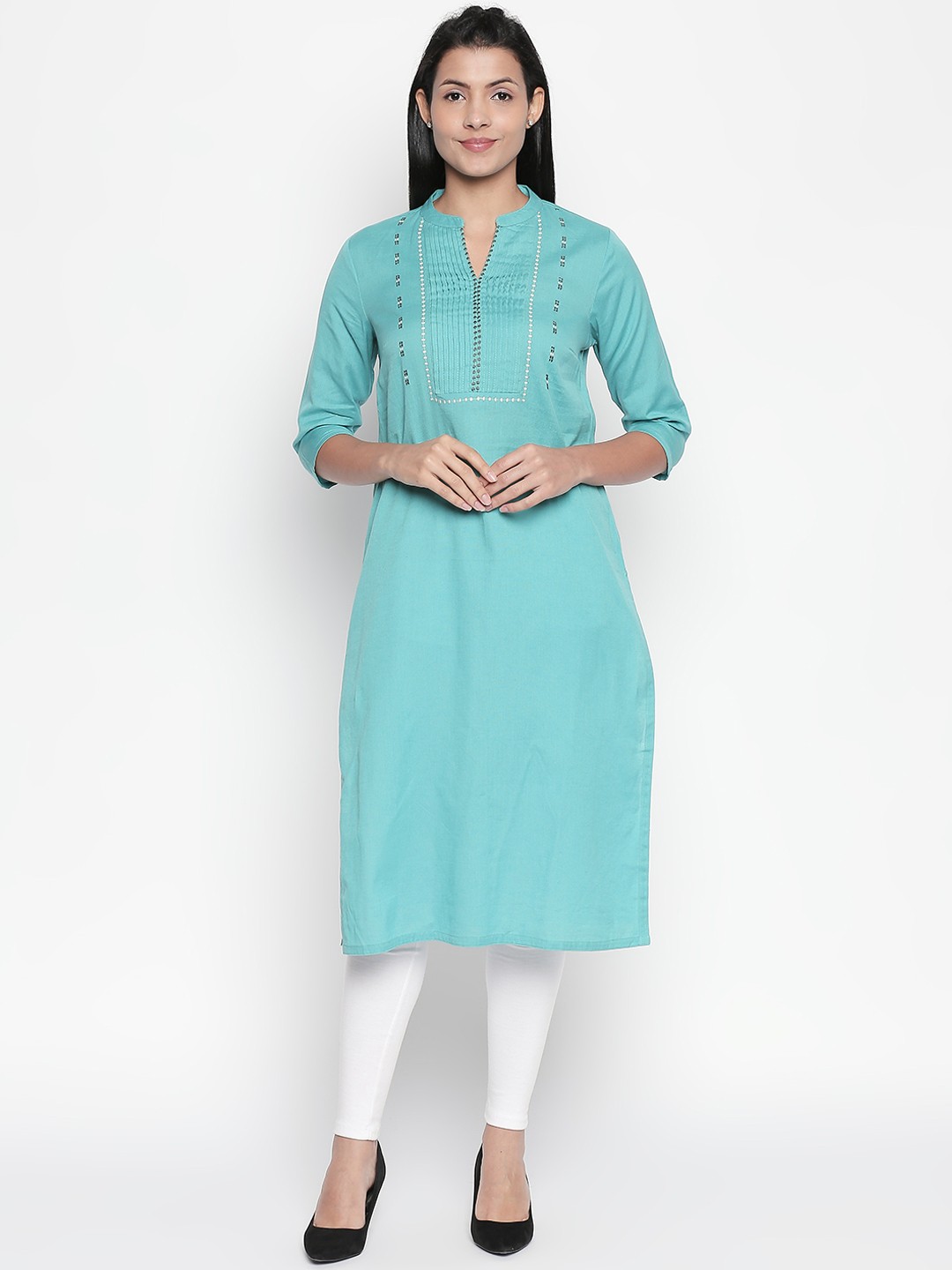 

RANGMANCH BY PANTALOONS Women Turquoise Blue Embroidered Straight Kurta