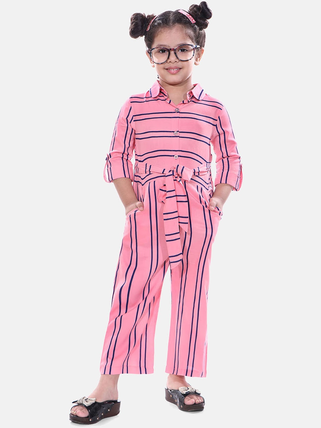 

Naughty Ninos Girls Pink & Navy Blue Striped Basic Jumpsuit