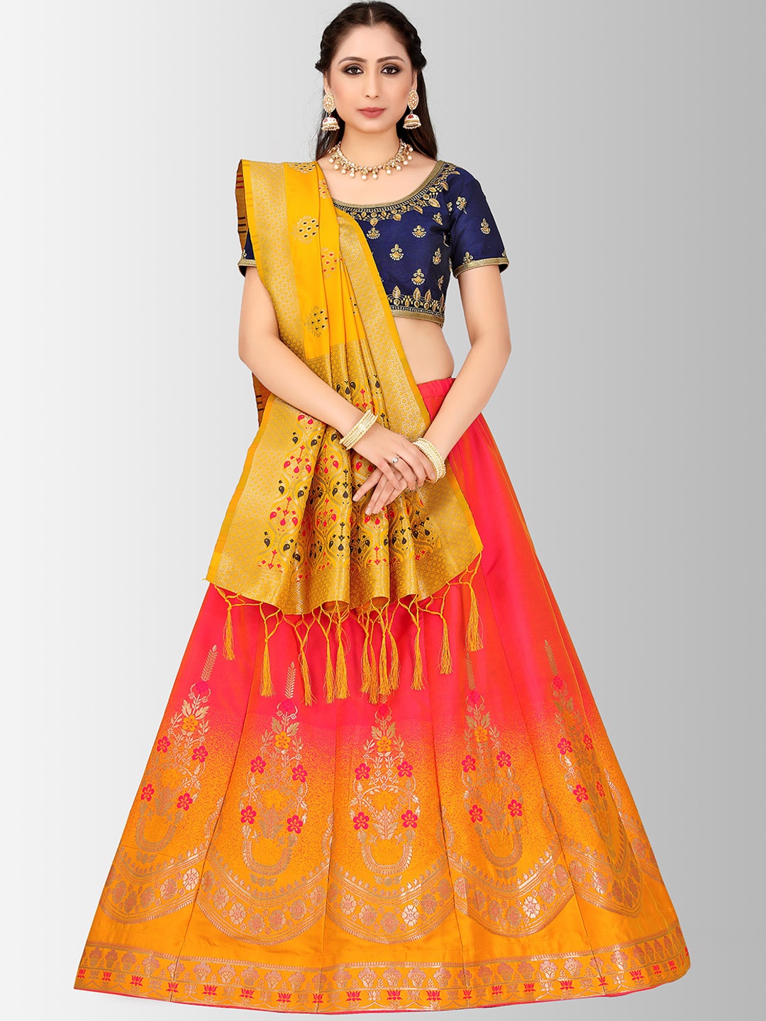 

MIMOSA Mustard Yellow & Navy Blue Embroidered Semi-Stitched Lehenga & Blouse with Dupatta
