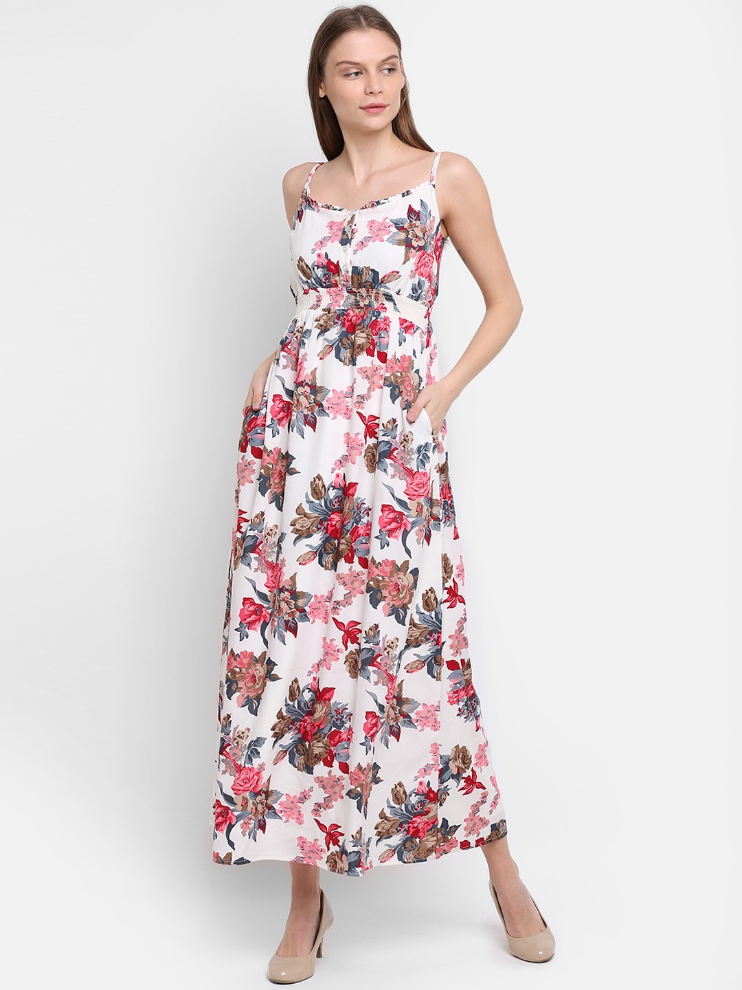 Rute Women White Floral Printed Fit and Flare Dress