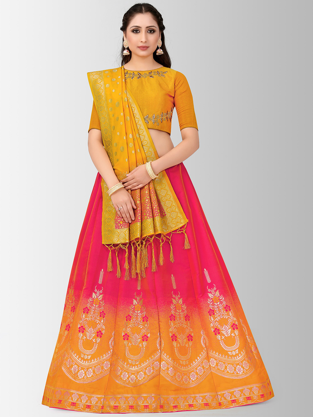 

MIMOSA Mustard & Fushia Pink Embroidered Semi-Stitched Lehenga & Blouse with Dupatta