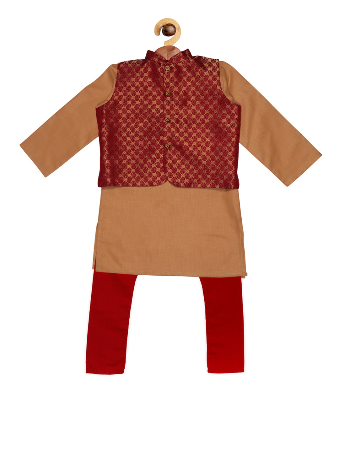

SOULFULLY INDIAN Boys Beige & Maroon Self Design Kurta with Pyjamas & Nehru Jacket