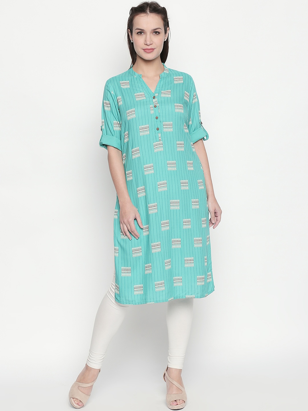 

RANGMANCH BY PANTALOONS Women Turquoise Blue Woven Design Straight Kurta