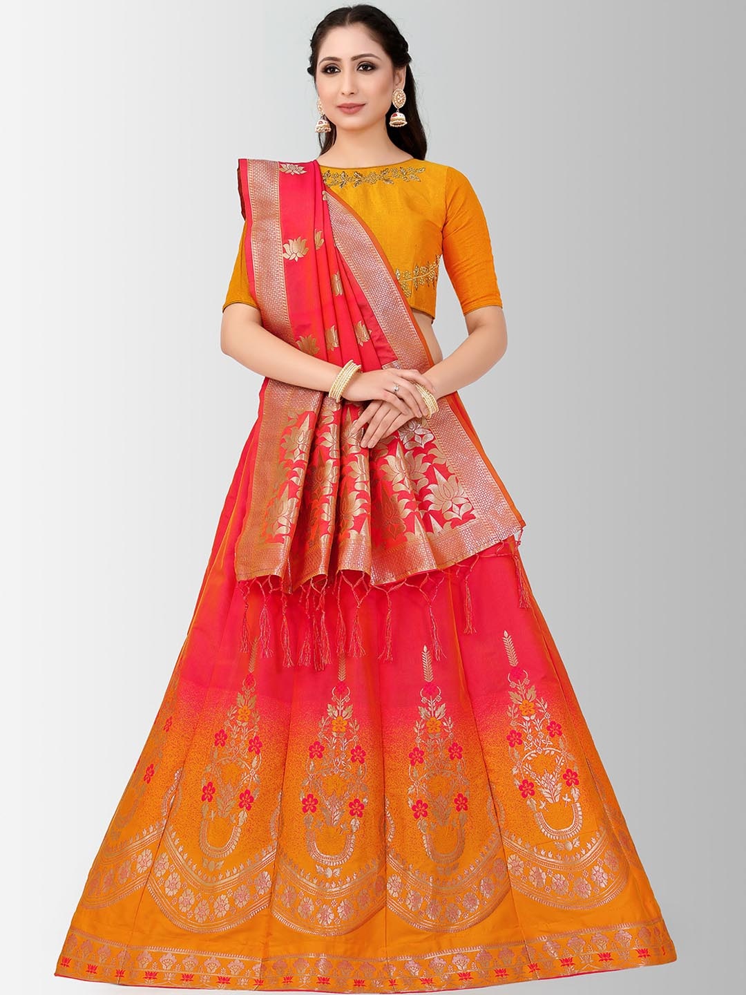 

MIMOSA Coral & Mustard Embroidered Semi-Stitched Lehenga & Blouse with Dupatta