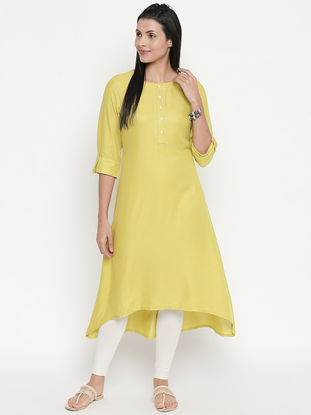 

RANGMANCH BY PANTALOONS Women Lime Green Woven Design A-Line Asymmetric Kurta