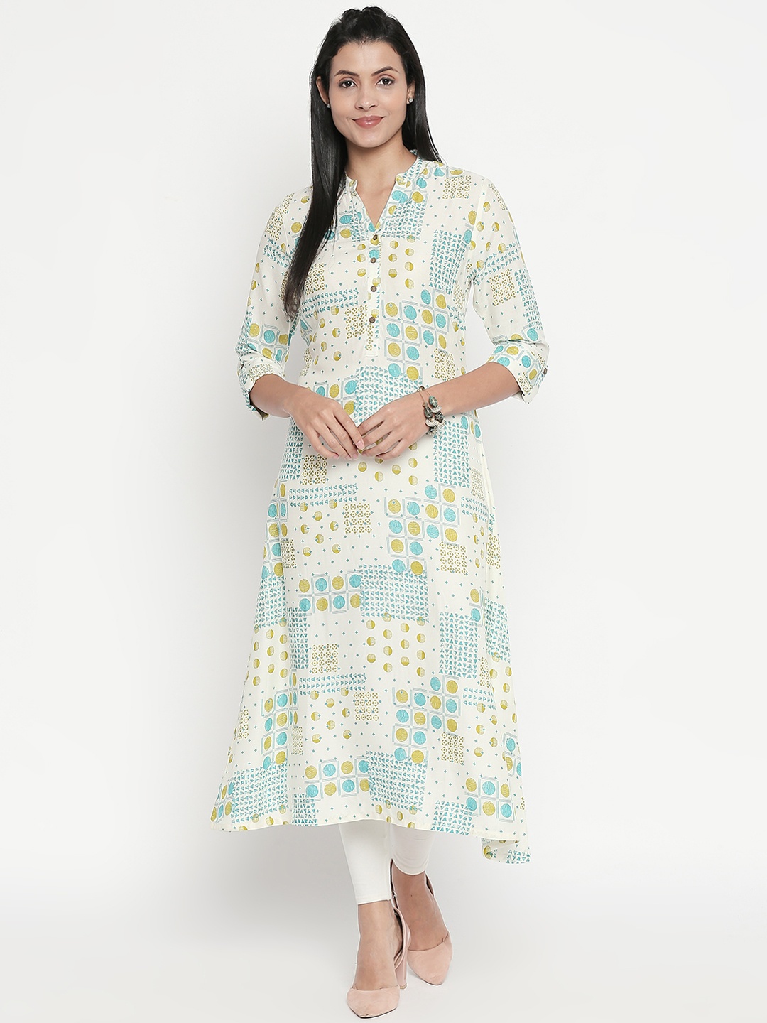 

RANGMANCH BY PANTALOONS Women Off-White & Turquoise Blue Printed A-Line Kurta