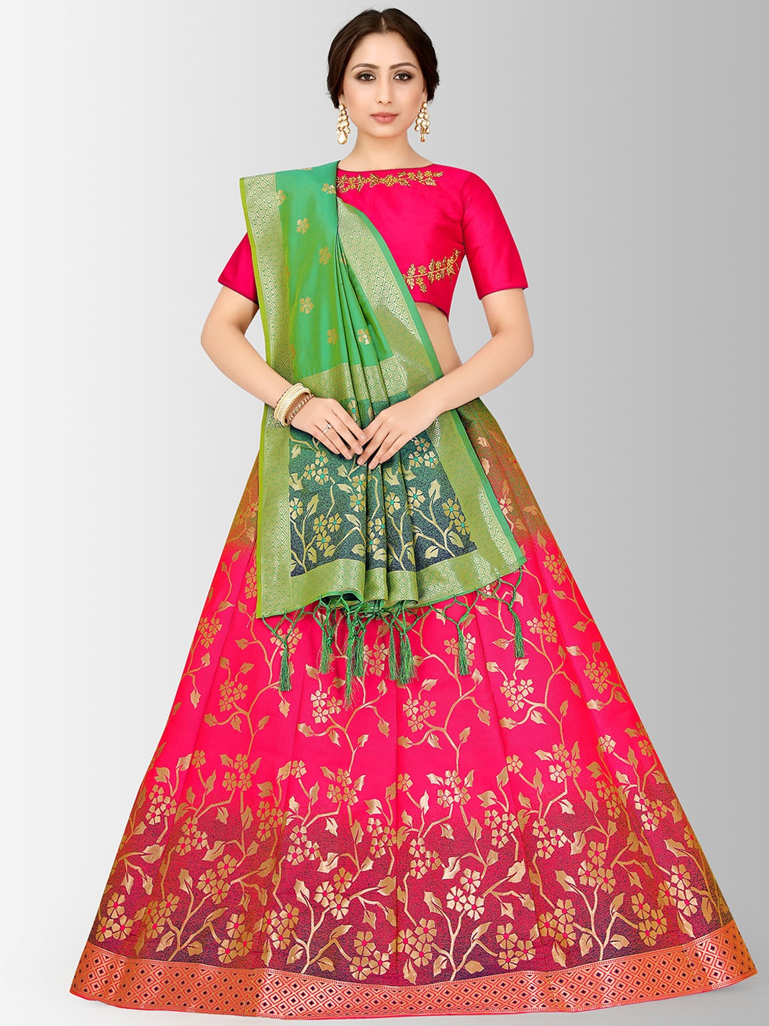 

MIMOSA Fuchsia Pink & Green Embroidered Semi-Stitched Lehenga & Blouse with Dupatta