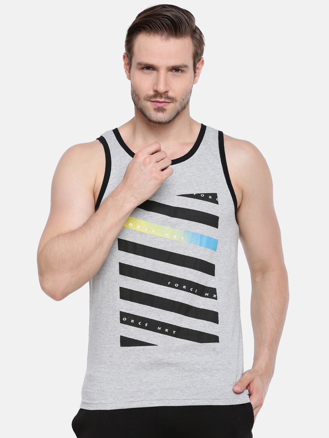 Force NXT Men Printed Super Combed Cotton Innerwear Vest, Grey