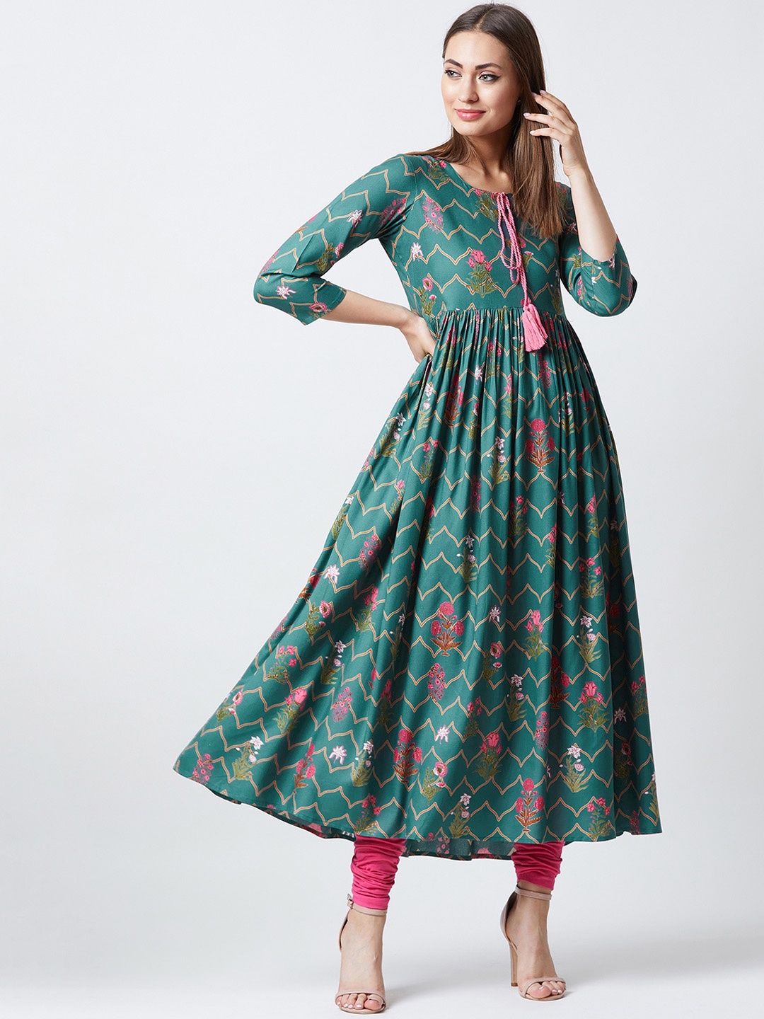 

Tissu Women Green & Pink Printed A-Line Kurta