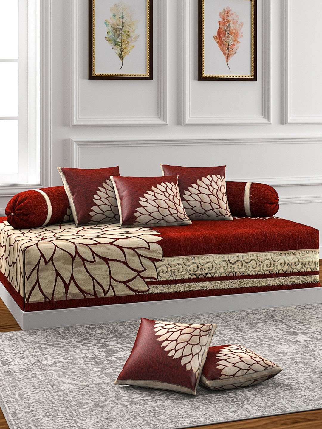 

ROMEE Set of 8 Maroon & Beige Printed Diwan Set