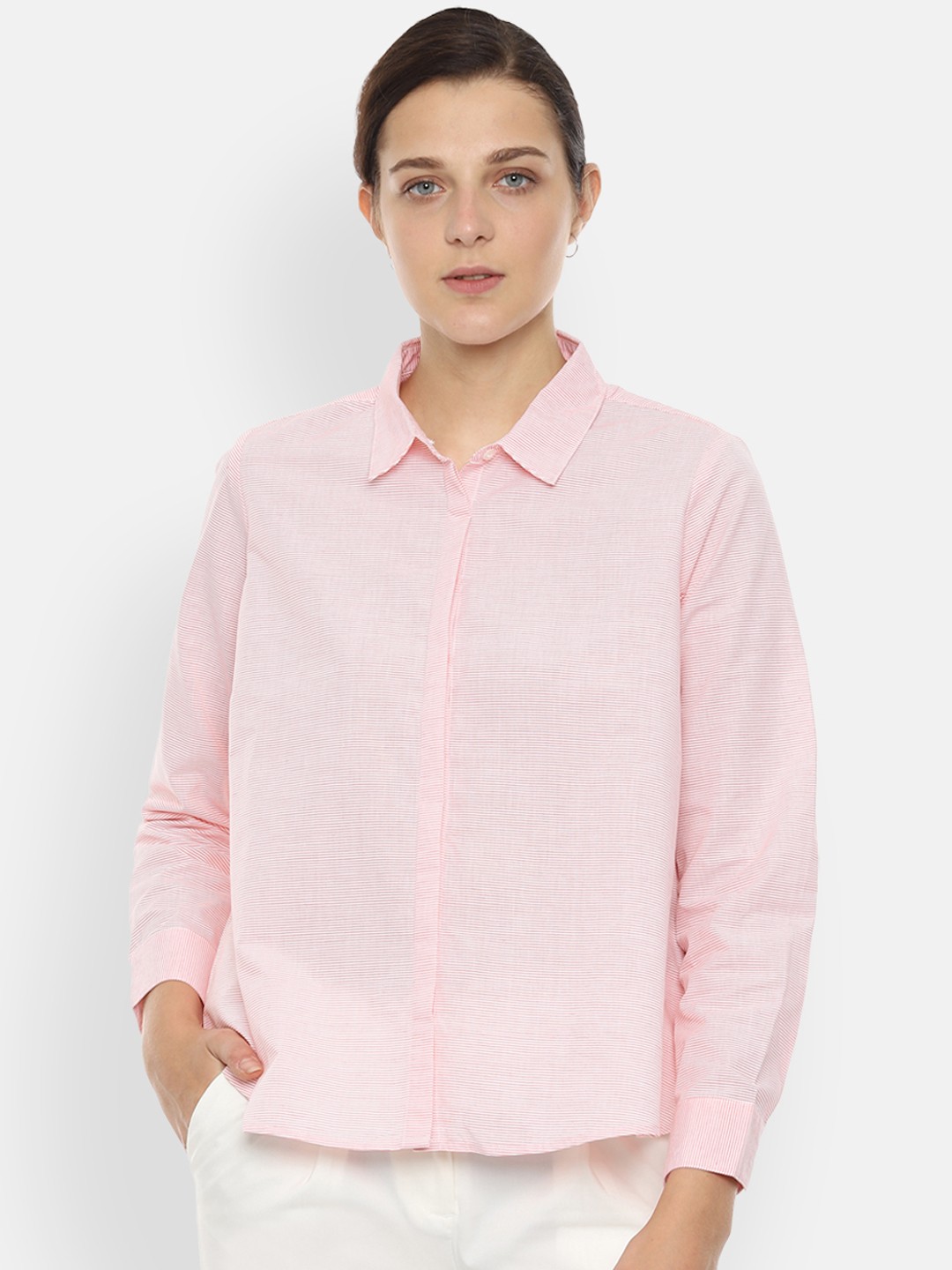 

Van Heusen Woman Pink & White Regular Fit Striped Casual Shirt