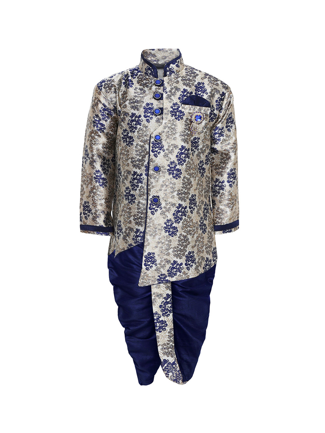

Aj DEZInES Boys Blue & Grey Silk Woven Design Sherwani Set