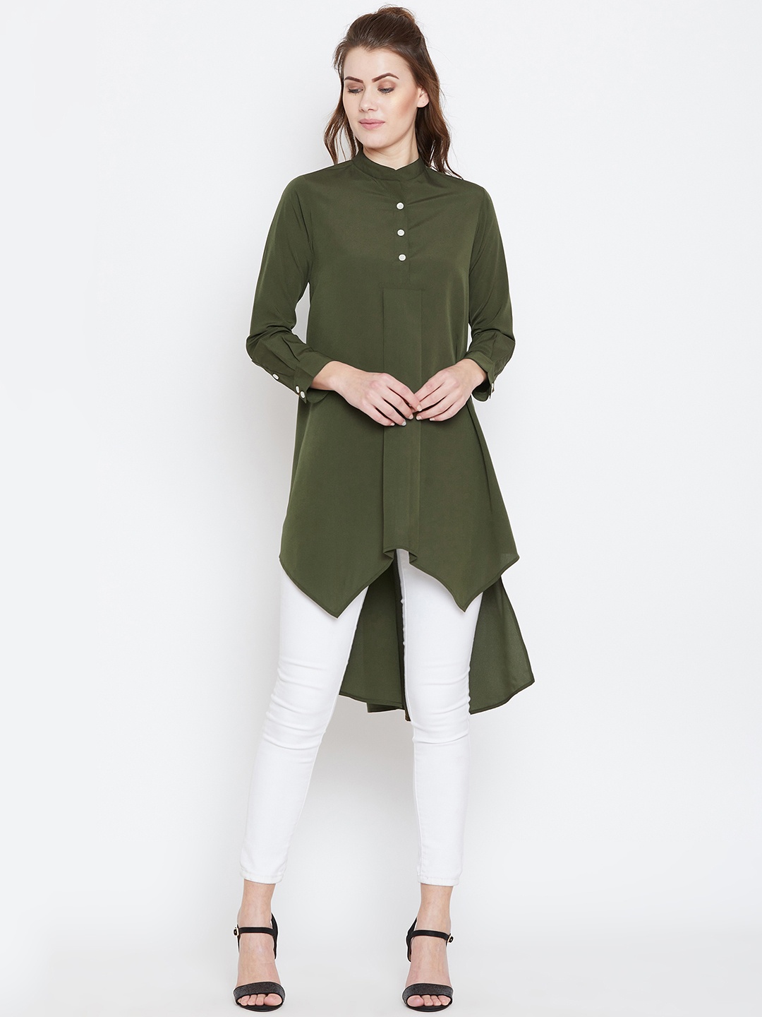 

Berrylush Women Olive Green Solid High-Low Top