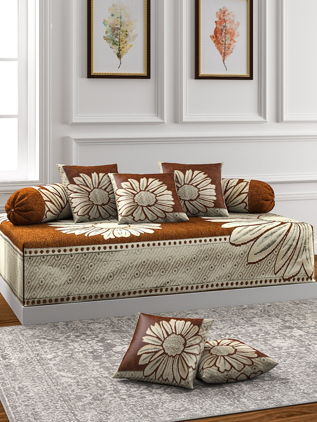 

ROMEE Set of 8 Maroon & Beige Printed Diwan Set, Brown