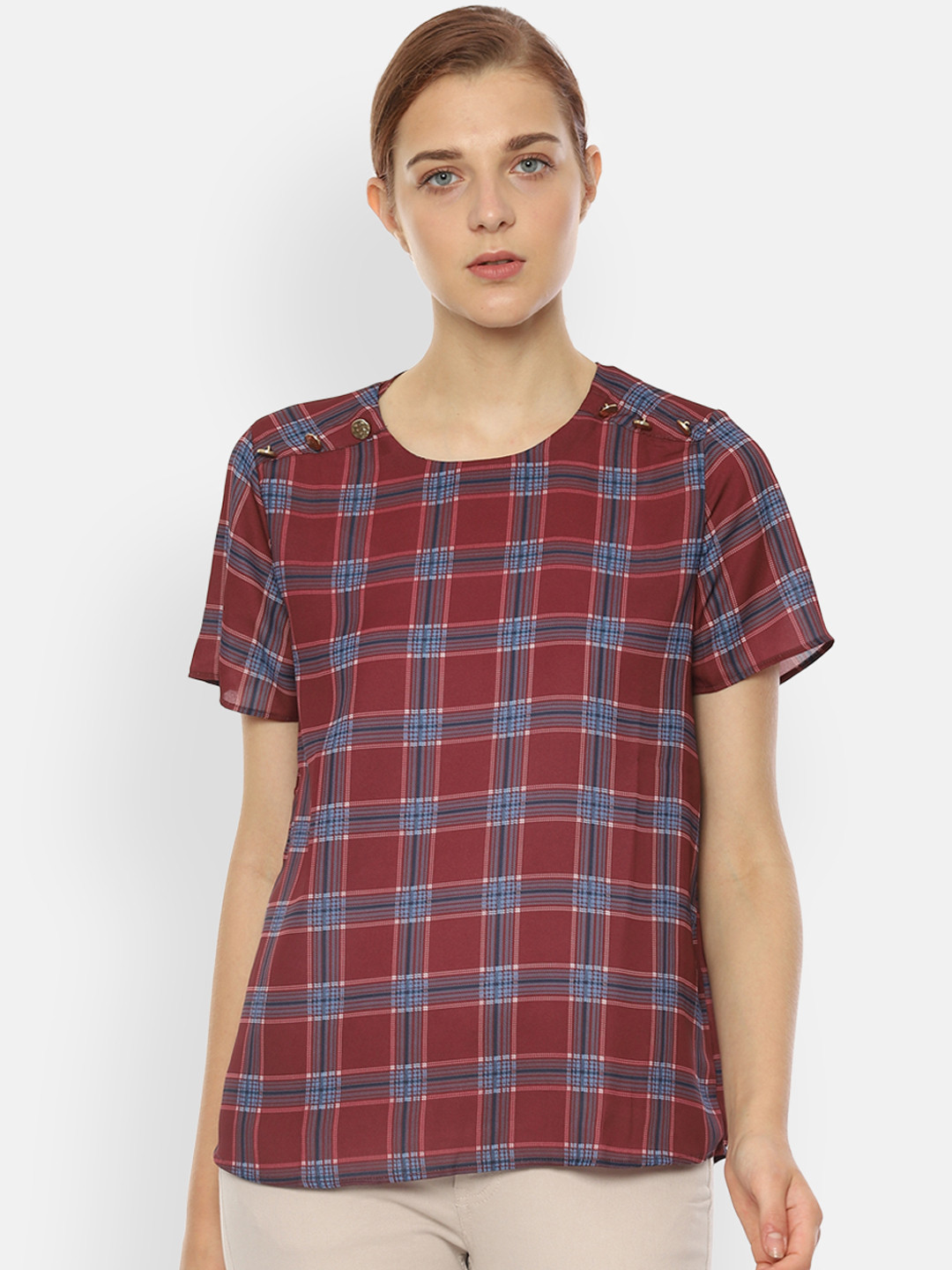 

Van Heusen Women Maroon Checked Top