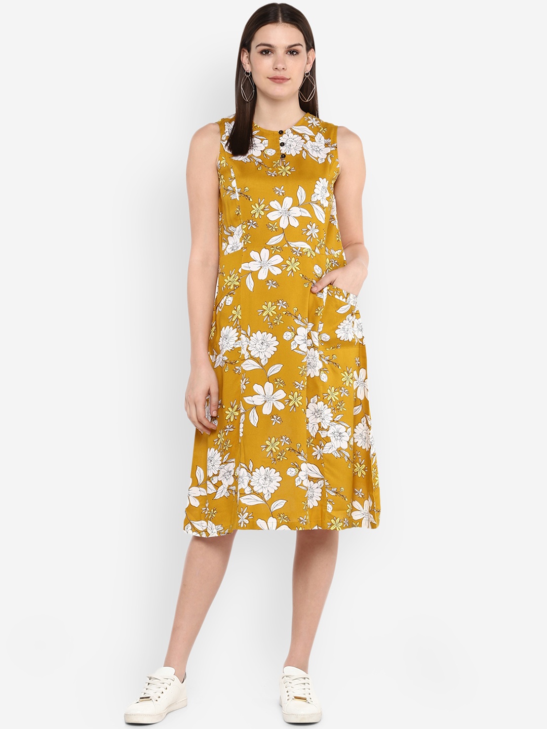 

Ayaany Women Mustard Floral Print Fit and Flare Dress