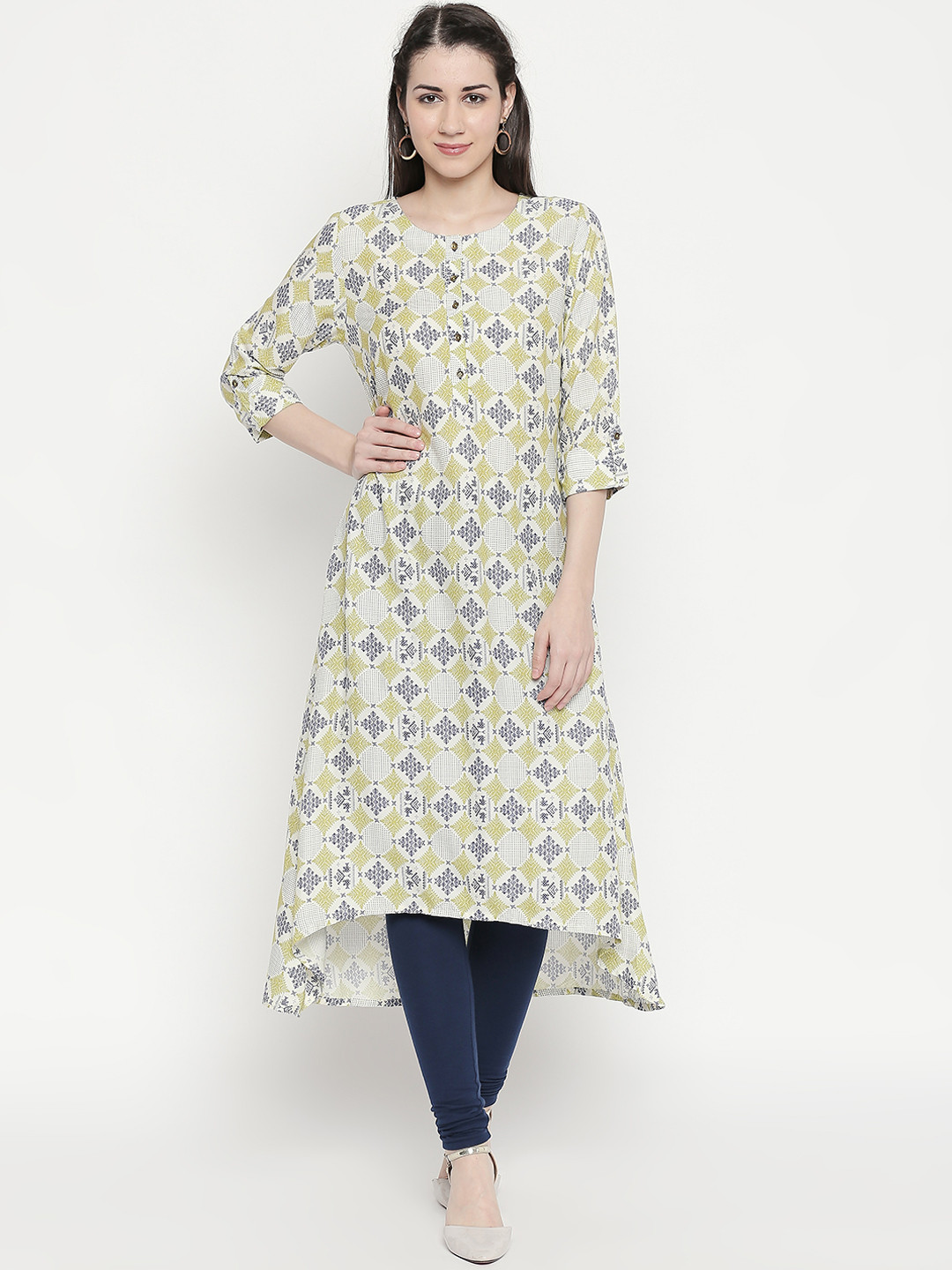 

RANGMANCH BY PANTALOONS Women Lime Green & Blue Printed A-Line Kurta