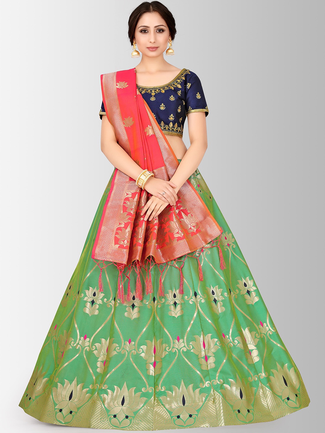 MIMOSA Green & Navy Blue Embroidered Semi-Stitched Lehenga & Blouse with Dupatta