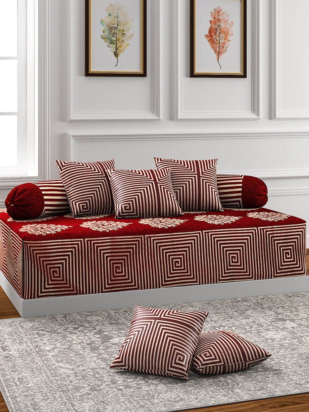 

ROMEE Set of 8 Maroon & Beige Self Design Diwan Set