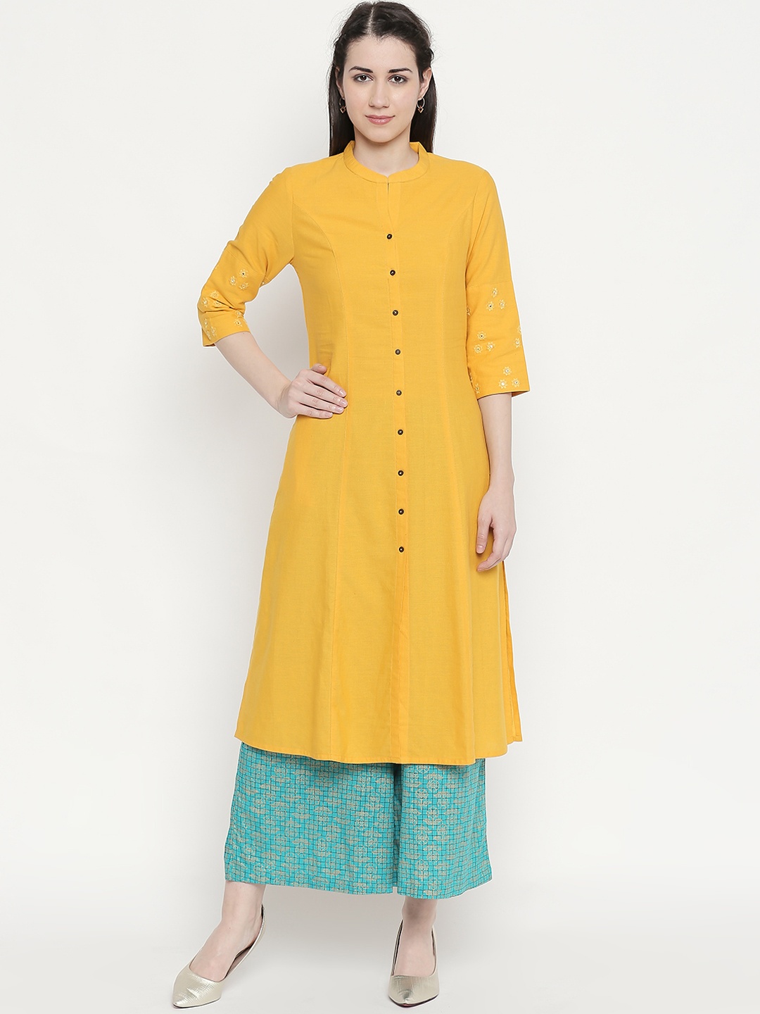 

RANGMANCH BY PANTALOONS Women Mustard Yellow Solid Straight Kurta