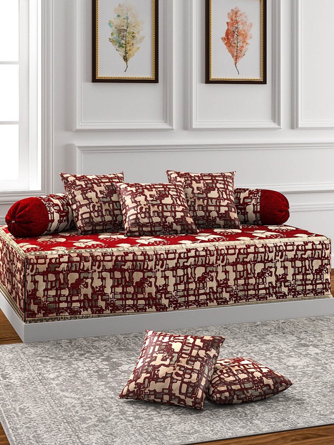 

ROMEE Set of 8 Maroon & Beige Self Design Diwan Set