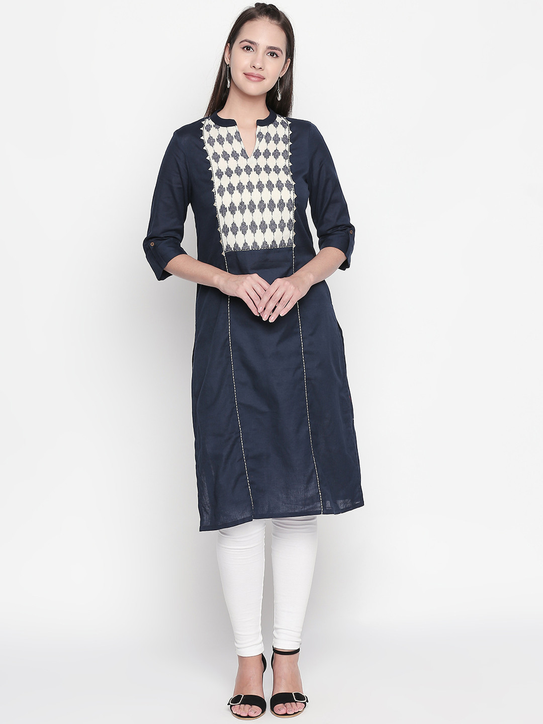 

RANGMANCH BY PANTALOONS Women Navy Blue Yoke Design Straight Kurta