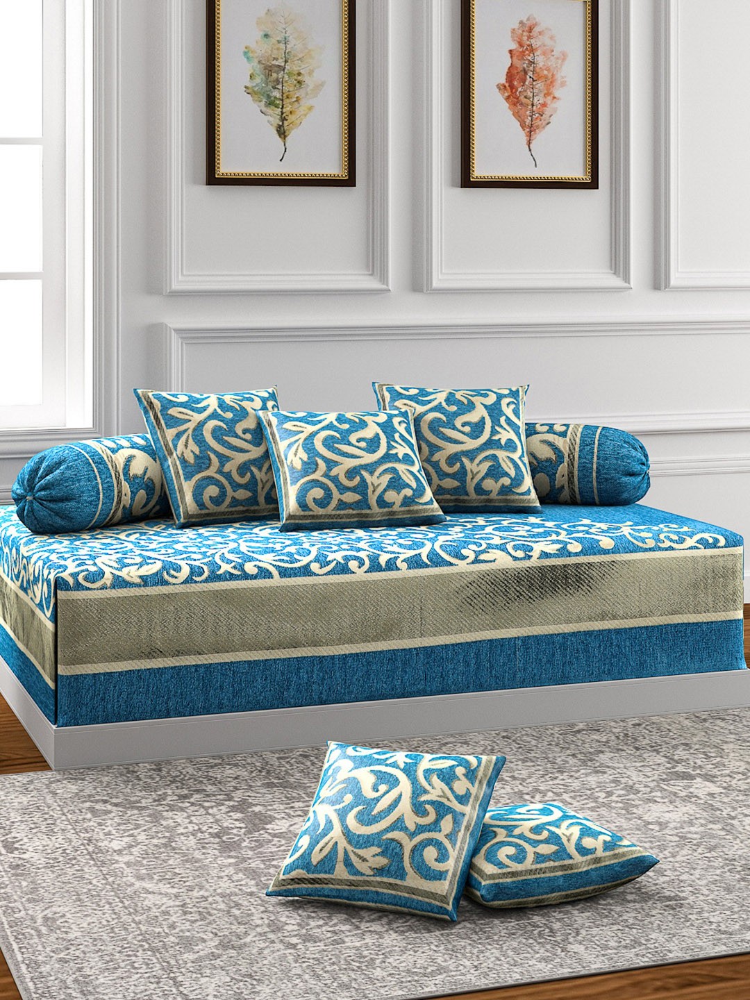 

ROMEE Set of 8 Turquoise Blue & Beige Self Design Diwan Set