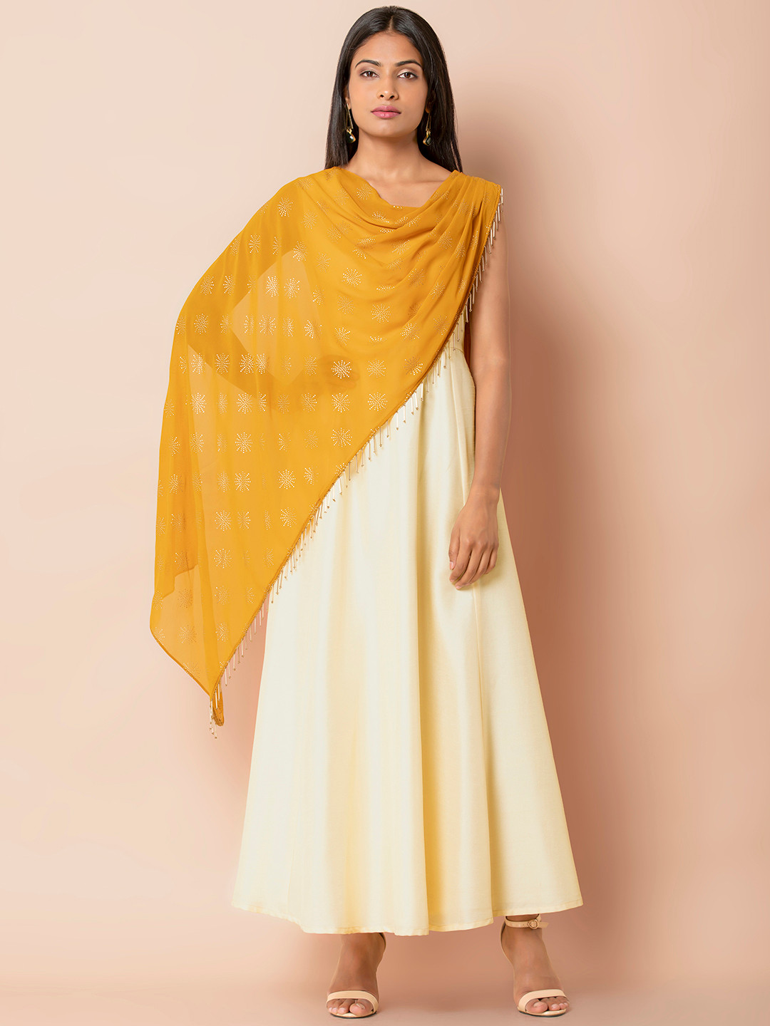 

INDYA Women Solid Cream-Coloured Fit and Flare Dress with attached duppatta