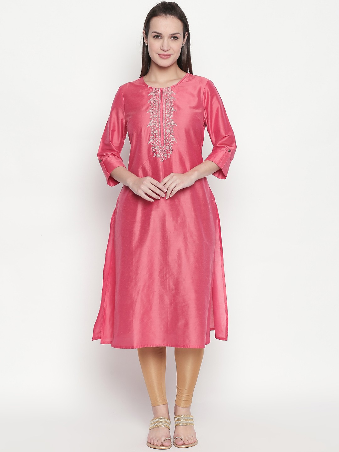 

RANGMANCH BY PANTALOONS Women Coral Pink Embroidered A-Line Kurta