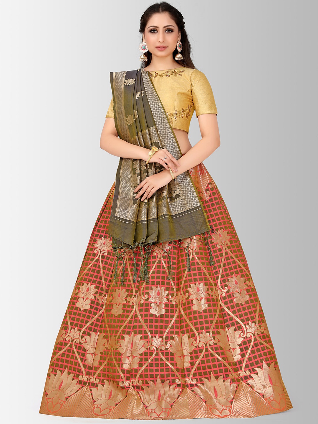 

MIMOSA Red & Gold-Toned Embroidered Semi-Stitched Lehenga & Blouse with Dupatta