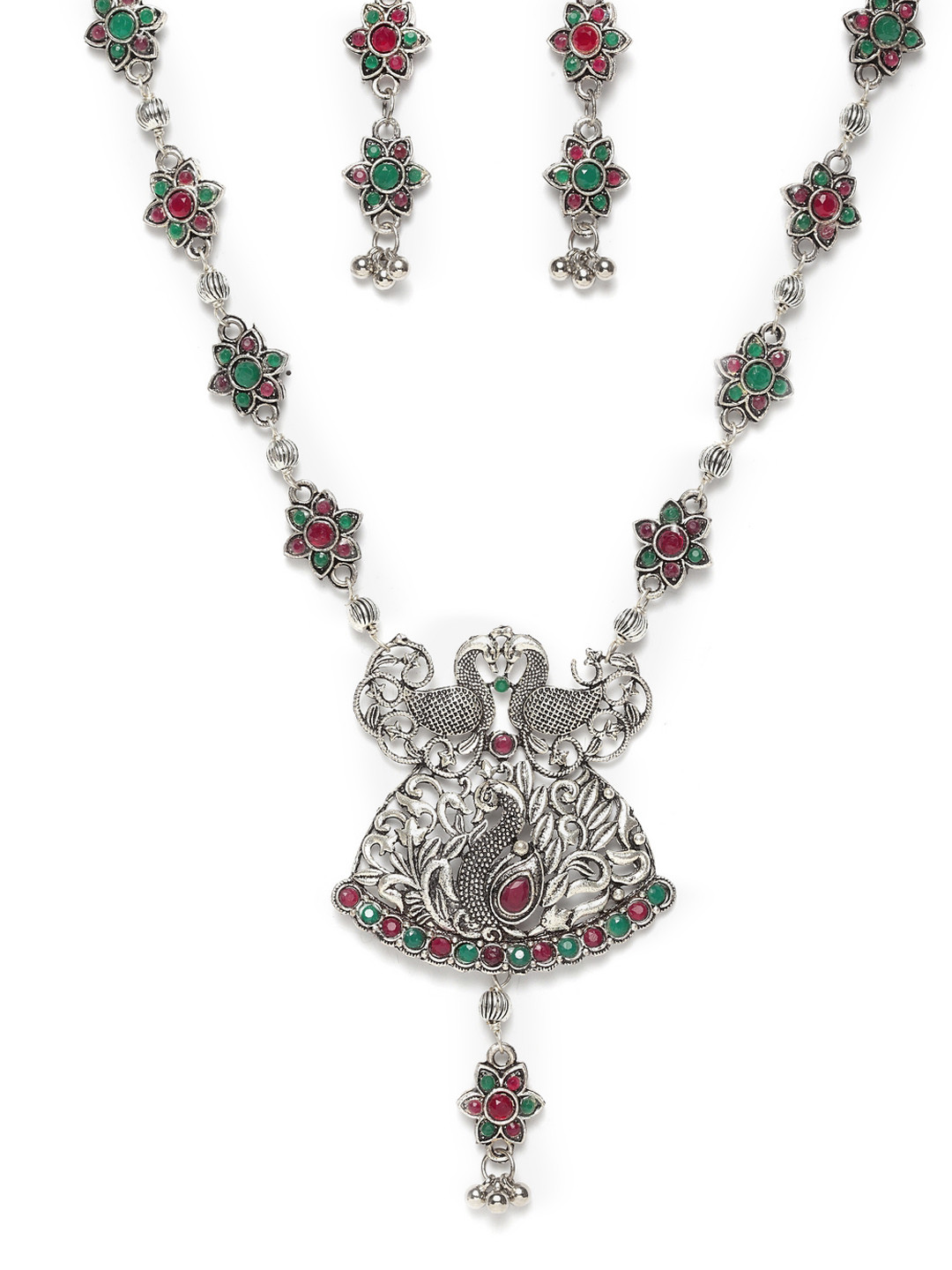 

Moedbuille Oxidised Silver-Plated Red & Green Embellished Handcrafted Jewellery Set