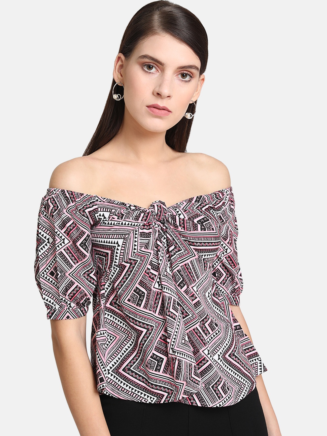 

Kazo Women Pink & White Printed Bardot Top with Knot Detail