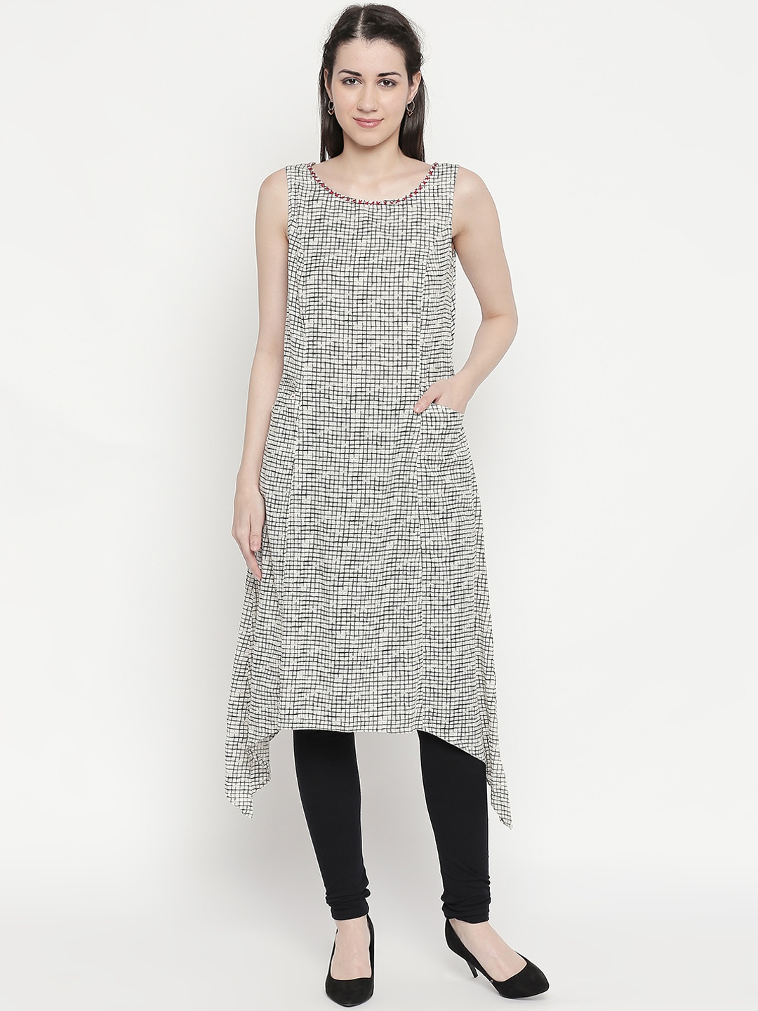 

RANGMANCH BY PANTALOONS Women Off-White & Grey Checked A-Line Kurta