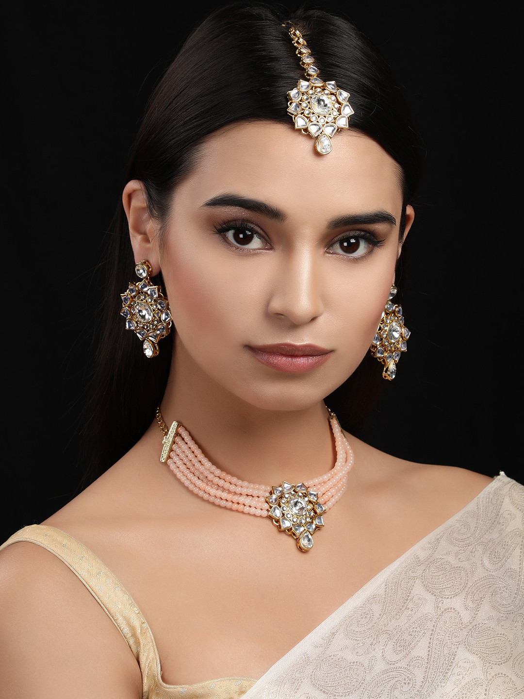 

Rubans Women Gold-Plated & Peach-Coloured Kundan Beaded Statement Jewellery Set