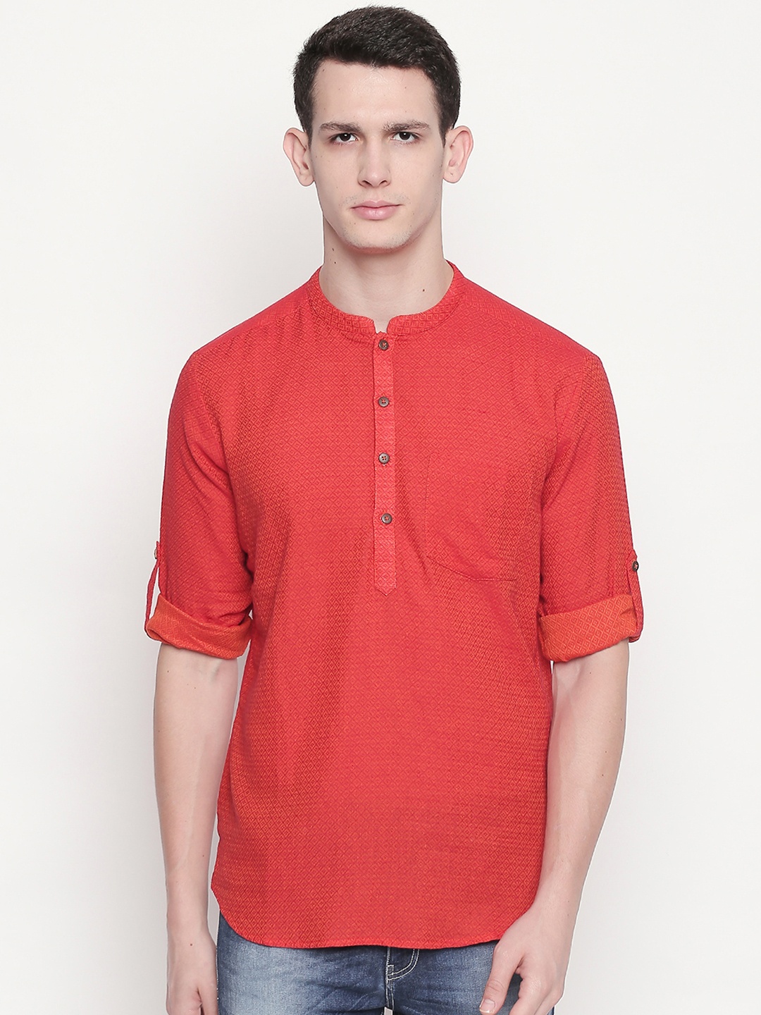 

indus route by Pantaloons Men Rust Red Woven Design Short Straight Kurta