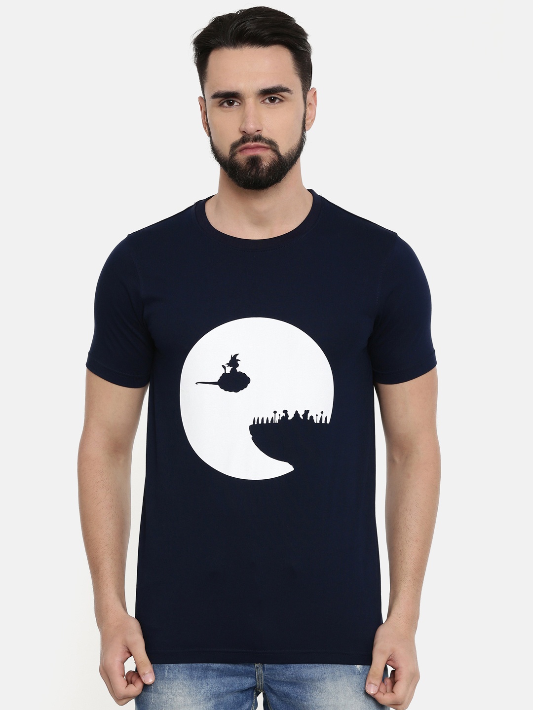 

Bushirt Men Navy Blue White Printed Round Neck Pure Cotton T-shirt