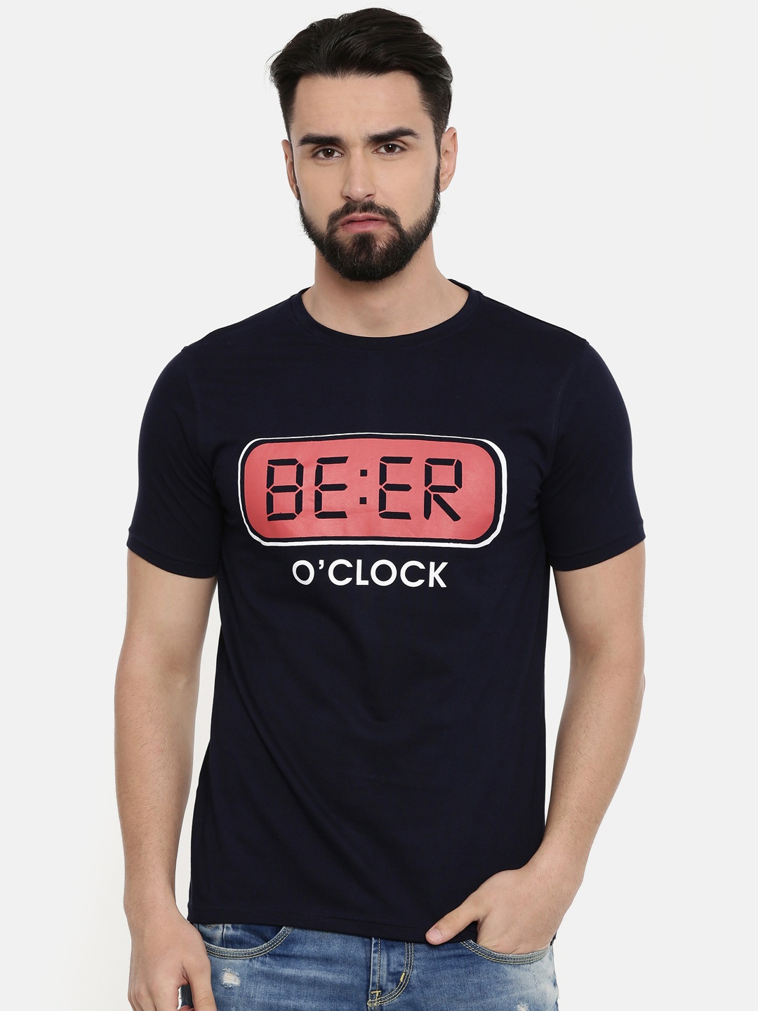 

Bushirt Men Navy Blue Printed Round Neck T-shirt
