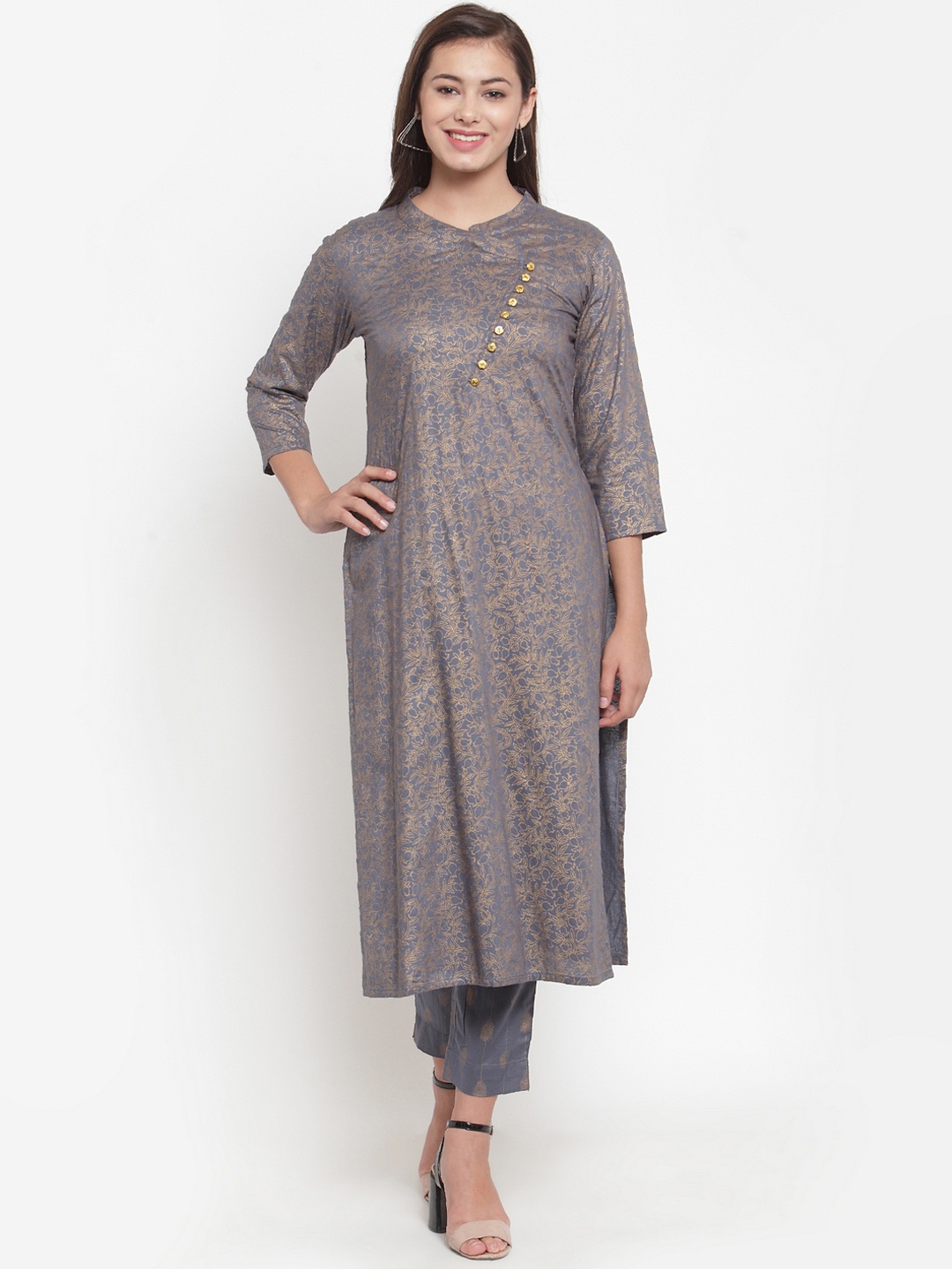 Indibelle Women Grey Floral Print Straight Kurta