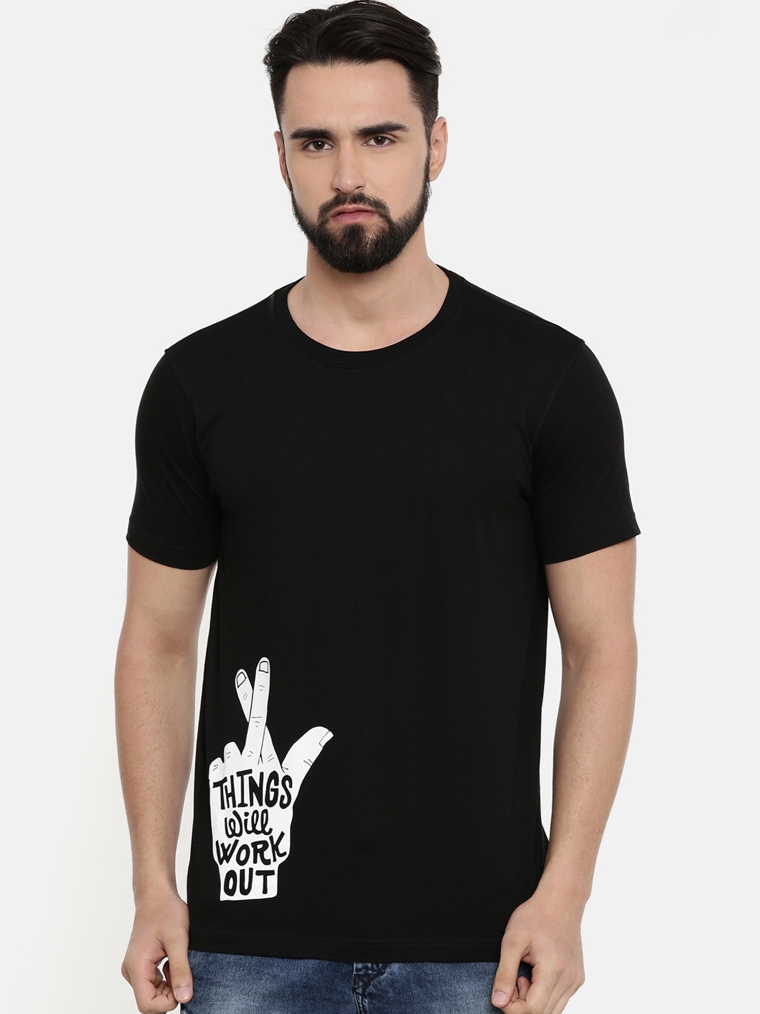 

Bushirt Men Black Printed Round Neck Pure Cotton T-shirt