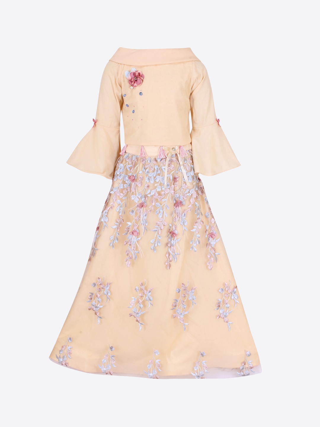 

CUTECUMBER Girls Beige & Peach-Coloured Embellished Top with Embroidered Skirt