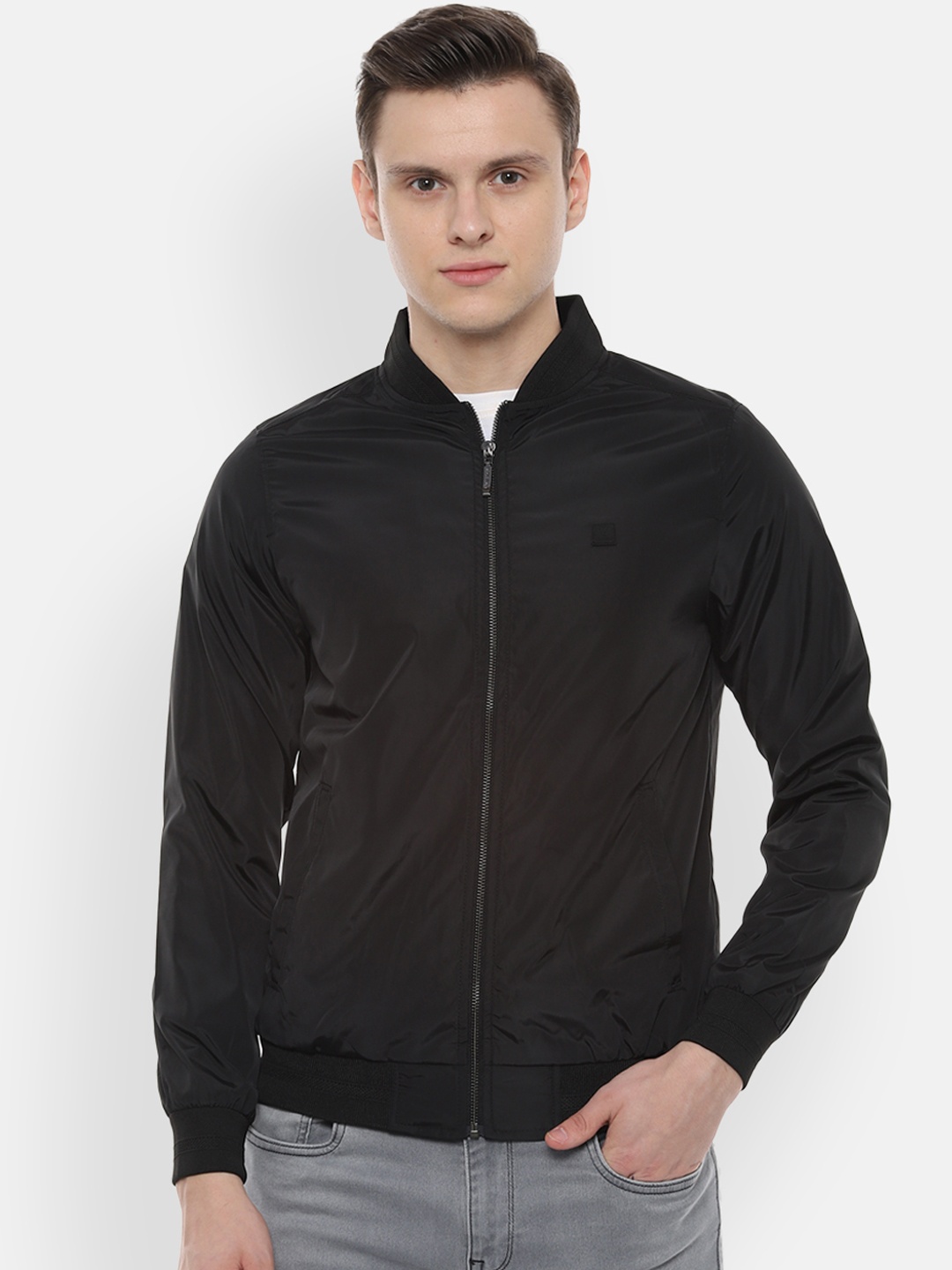 

V Dot Men Black Solid Bomber Jacket