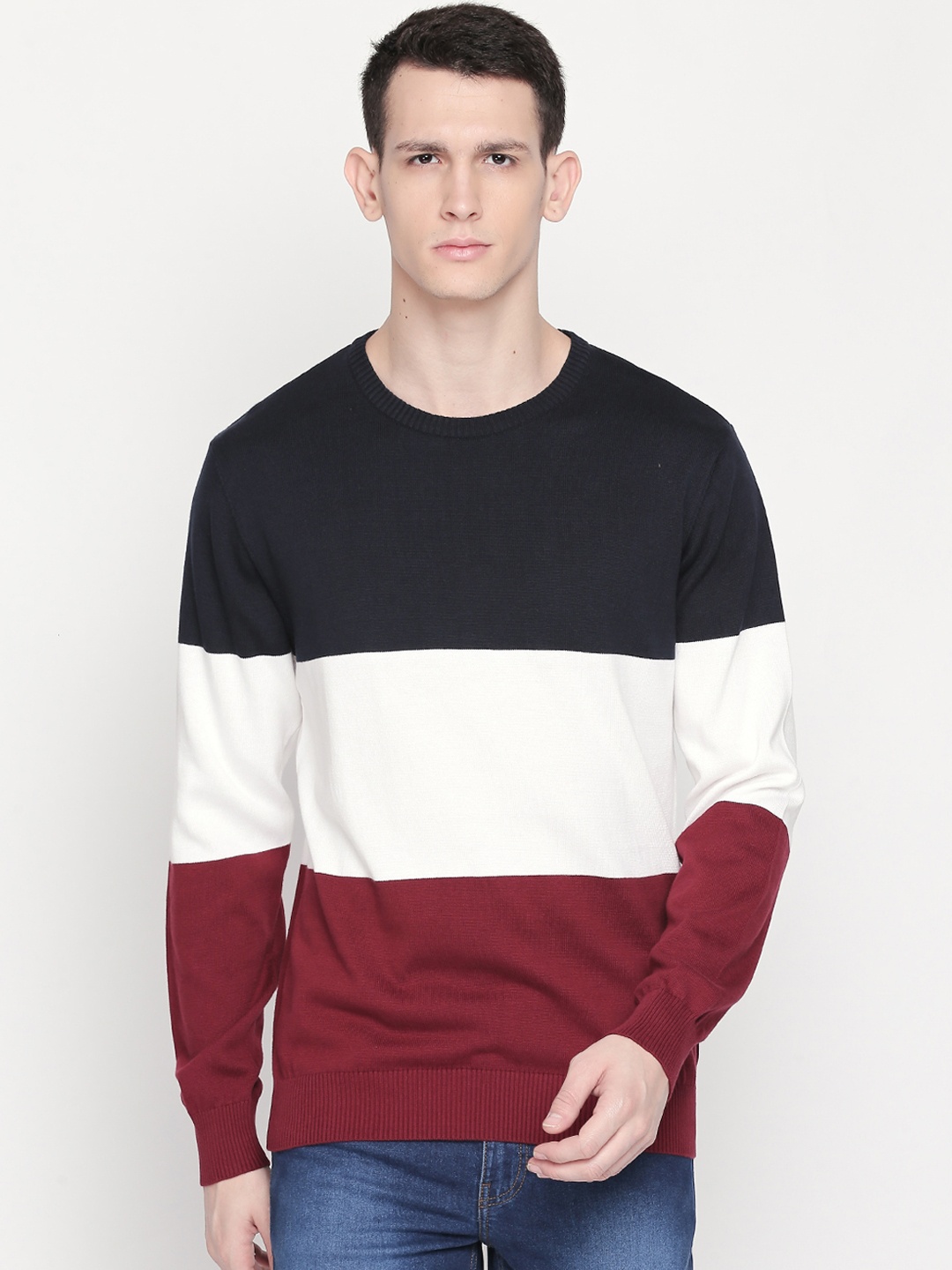 

BYFORD by Pantaloons Men Navy Blue & White Colourblocked Sweater